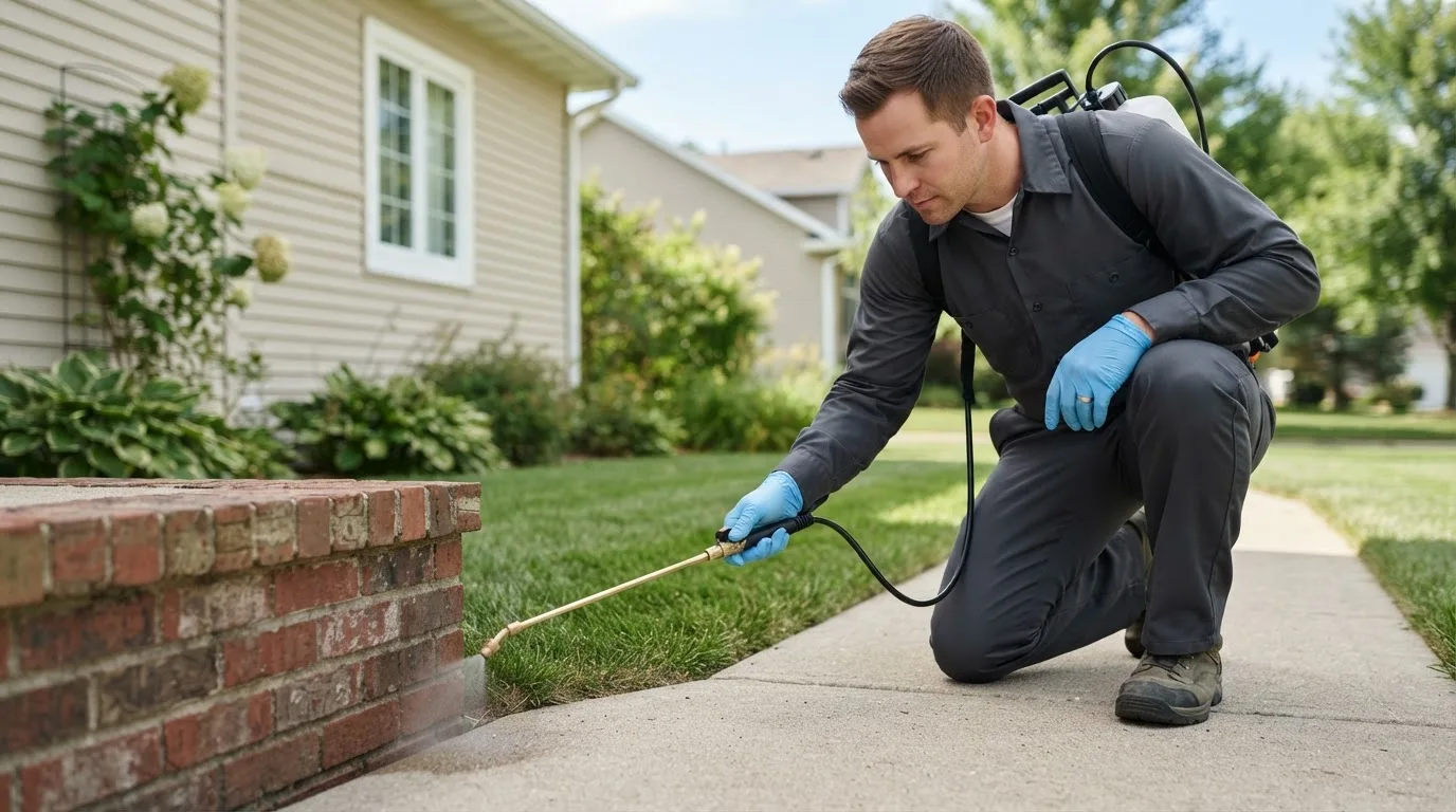Pest control technician treating a home near Stoutsville, OH