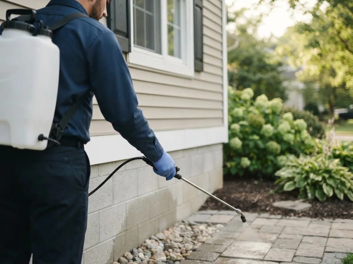 Pest control technician inspecting a home in Stoutsville, OH